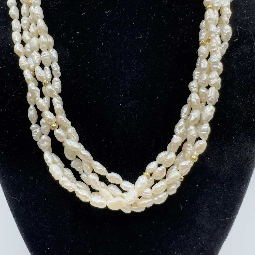 Vintage Multi-Strand Freshwater Rice/Seed Pearl Necklace Gold Tone Clasp 18" - Picture 2 of 14